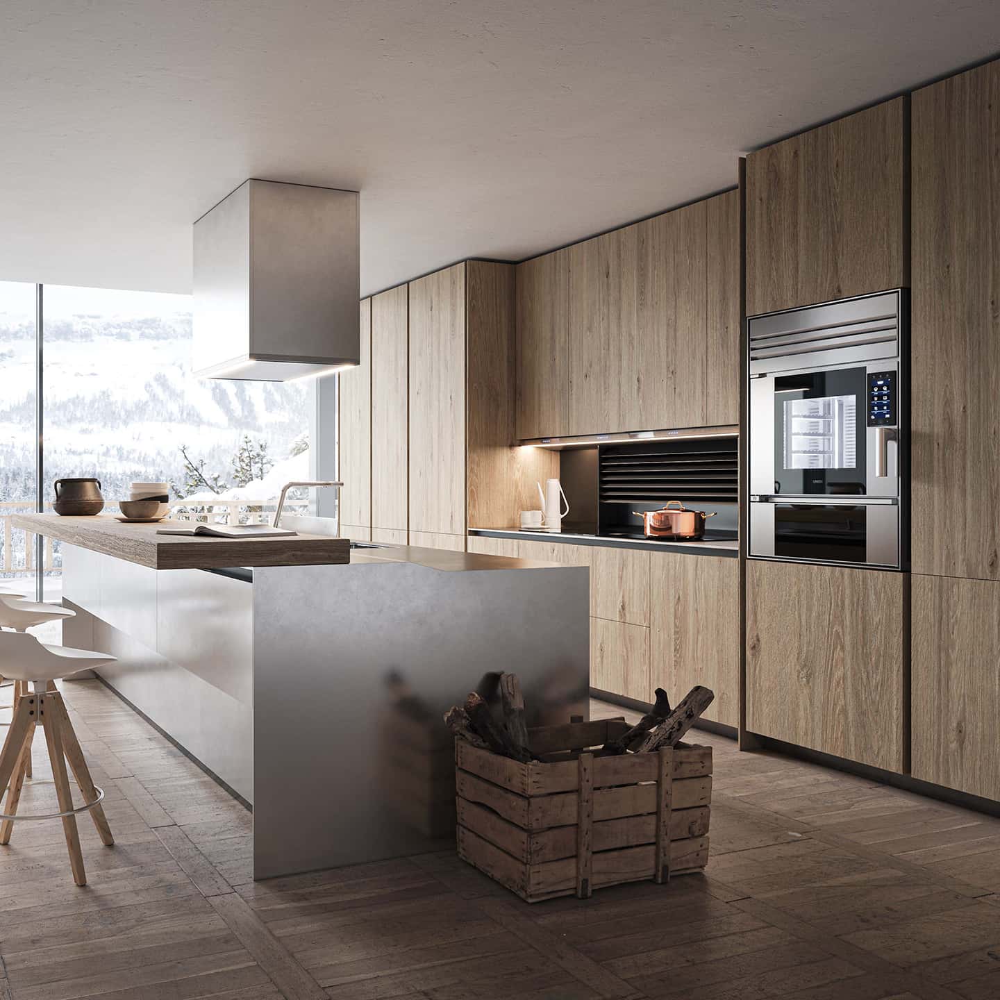 Minimalist kitchen of a mountain chalet in Cortina D'Ampezzo with Unox Casa's smart ovens